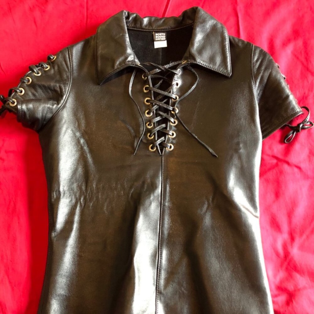 Northbound Leather Men's Black Leather Lace Up T Shirt (Item 6034) sz XS/38"